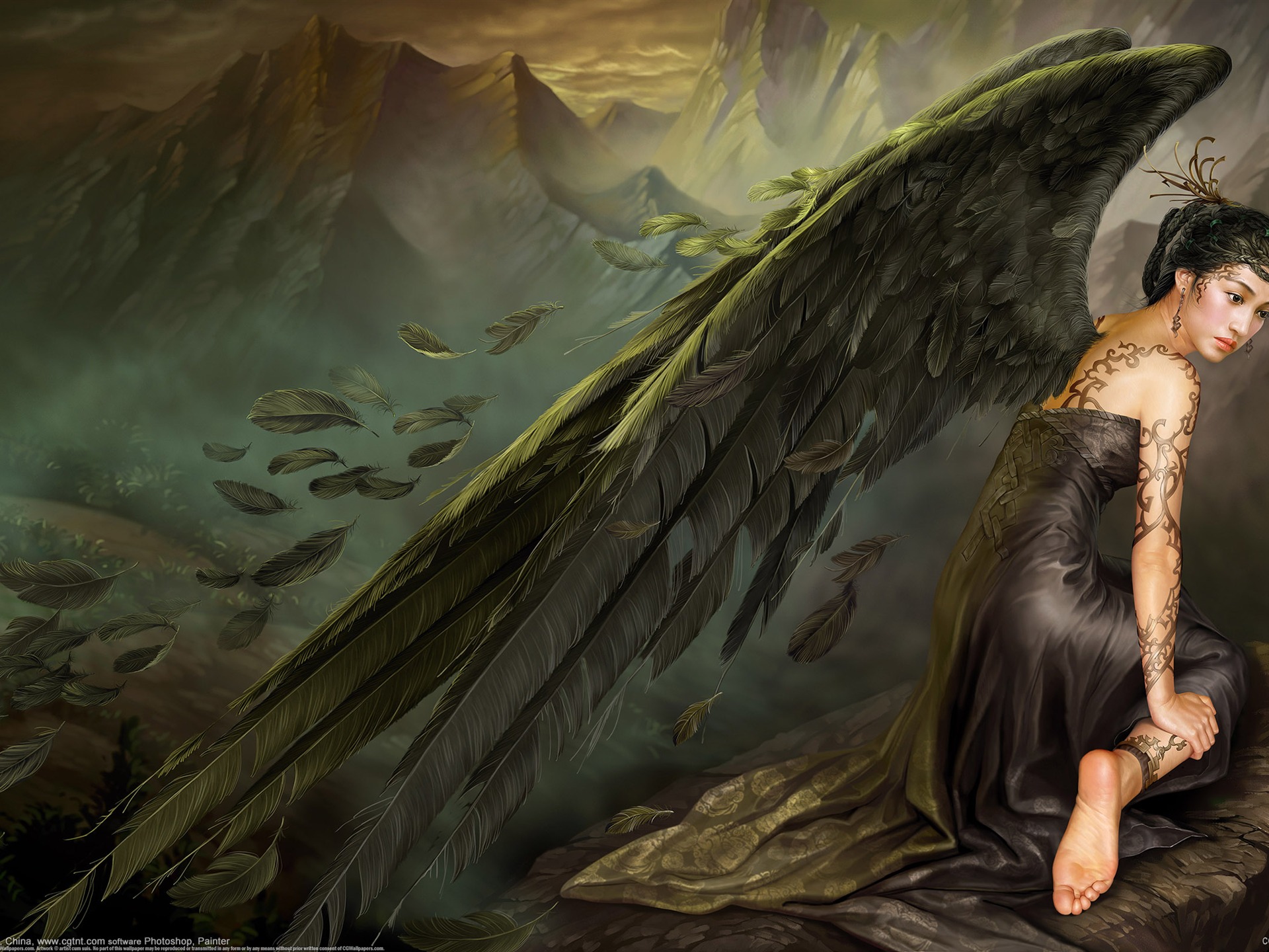 Wallpaper girl with wings sitting on a stone - Angels