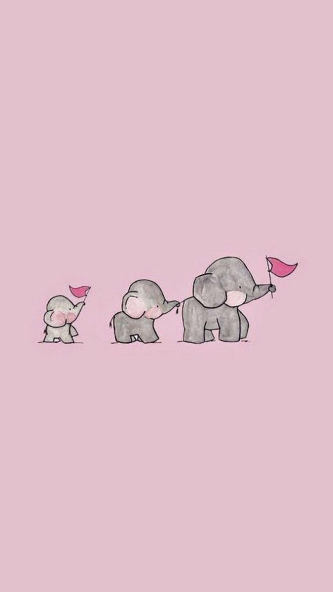 Elephants holding pink birds, pink background, cute phone backgrounds, three elephants in a row - Elephant