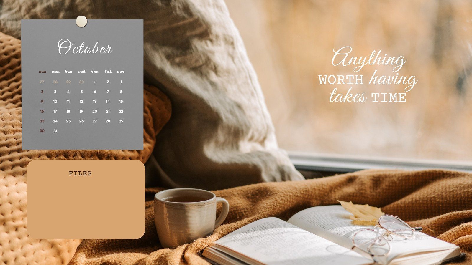 October calendar with a blanket, cup of tea, book, and glasses on a windowsill - Cozy