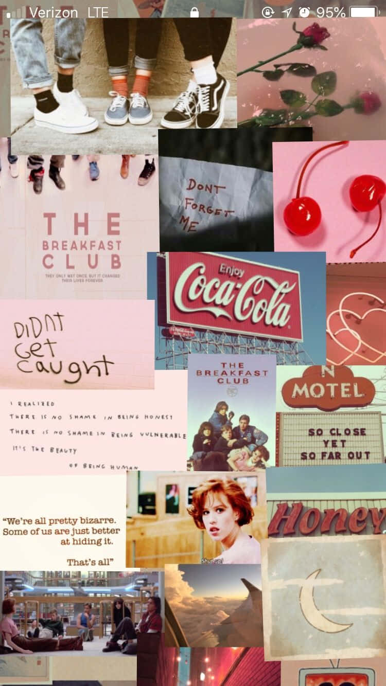 A collage of different images including the breakfast club, Coca Cola, and a motel sign. - 80s