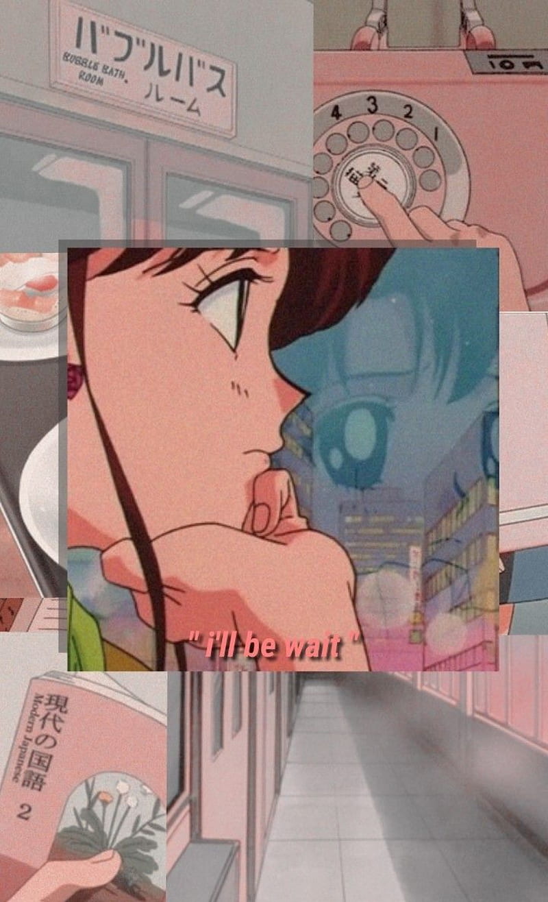 A cartoon character is looking at her phone - 80s, 90s anime