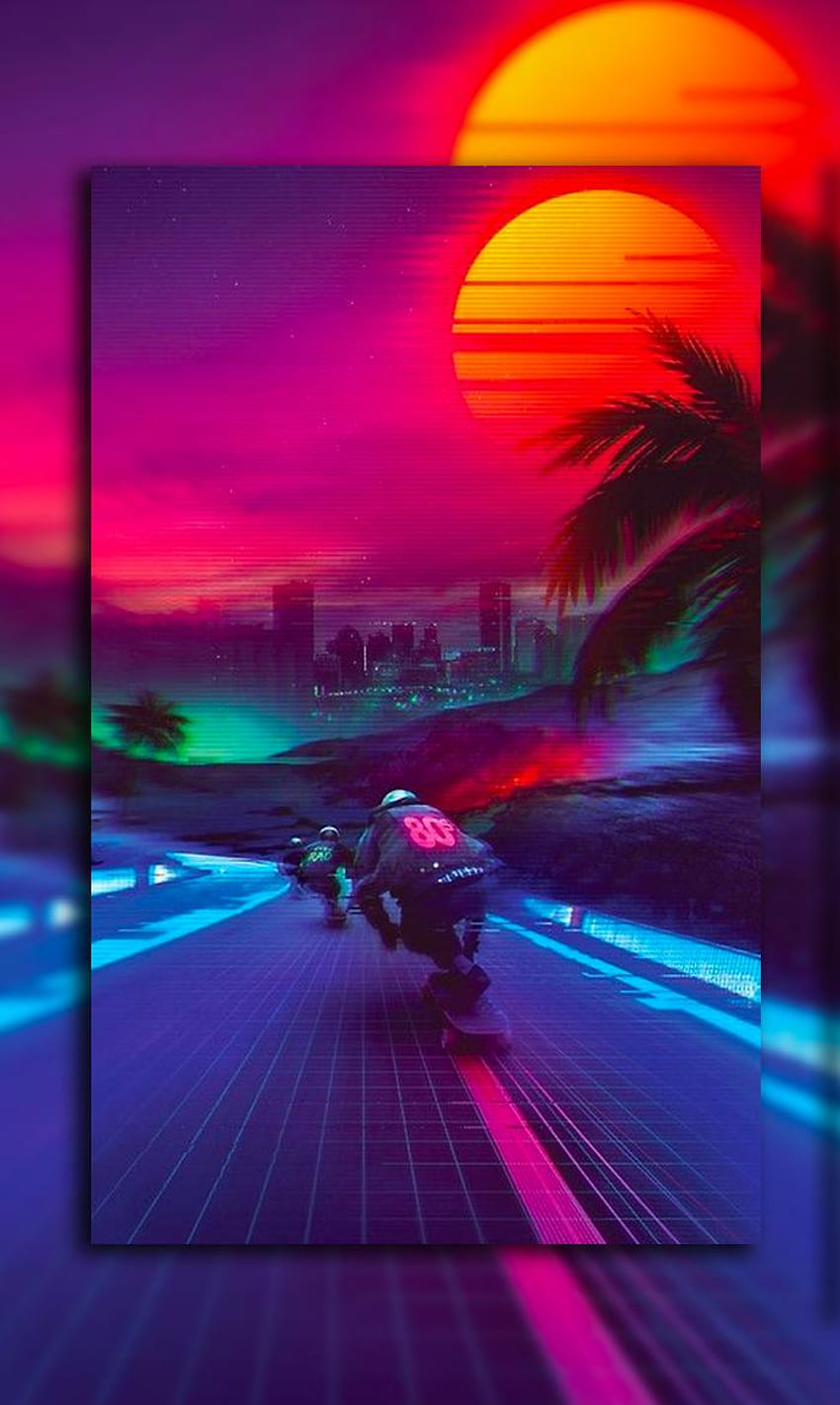 A neon poster of the future with palm trees - 80s