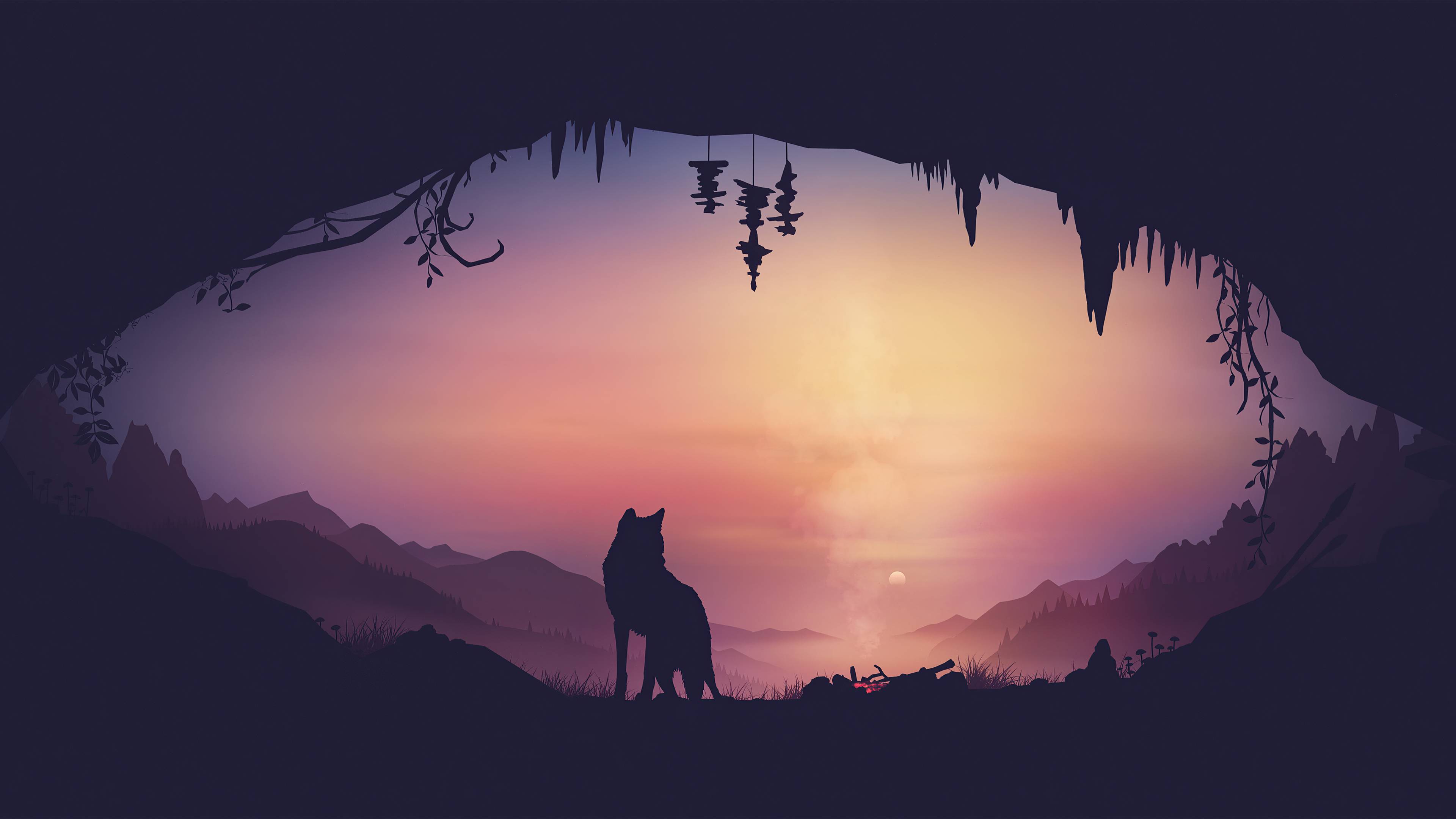 A wolf in a cave looking at the sunset - Fox