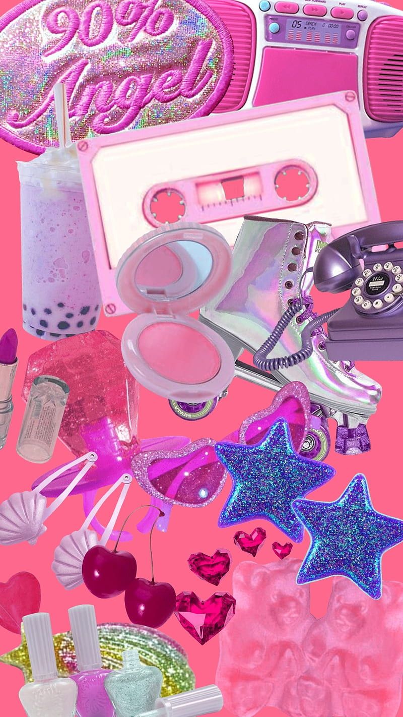 Aesthetic background image of pink and purple glittery items - 90s