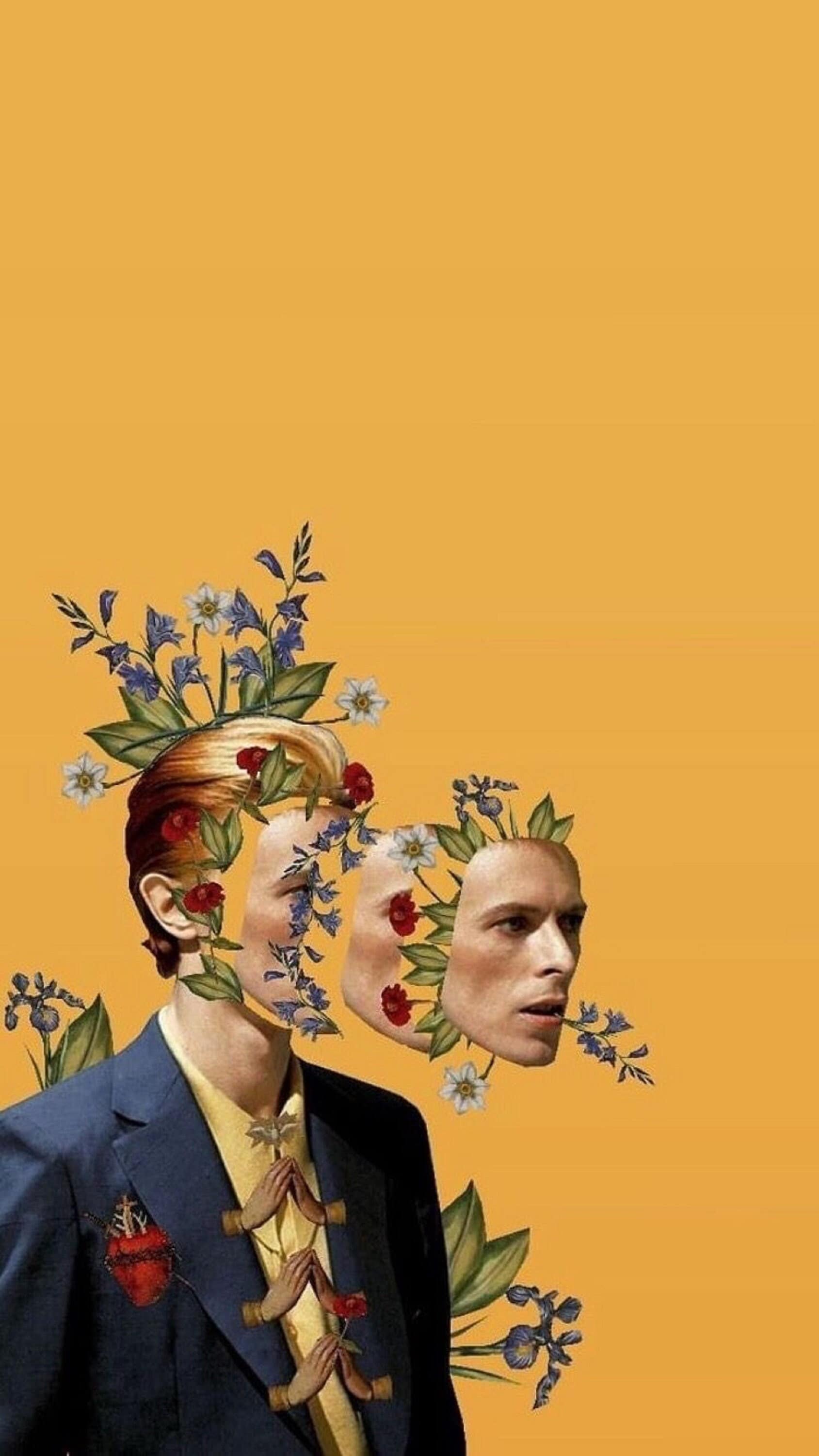 Collage of a man with flowers in his hair and a man's face on his shoulder. - David Bowie