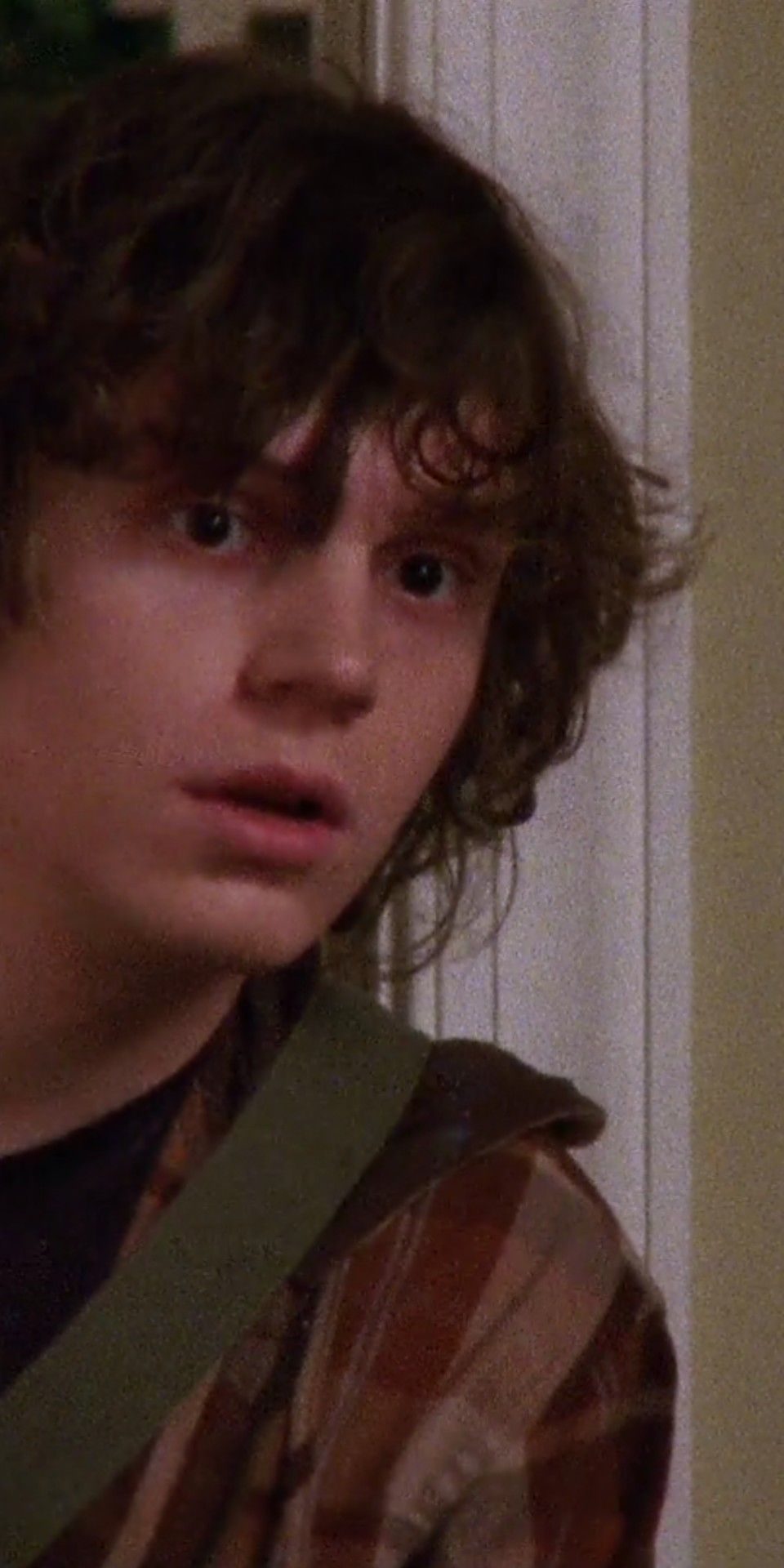 A young boy with curly hair and a brown plaid shirt looks into the camera. - Evan Peters