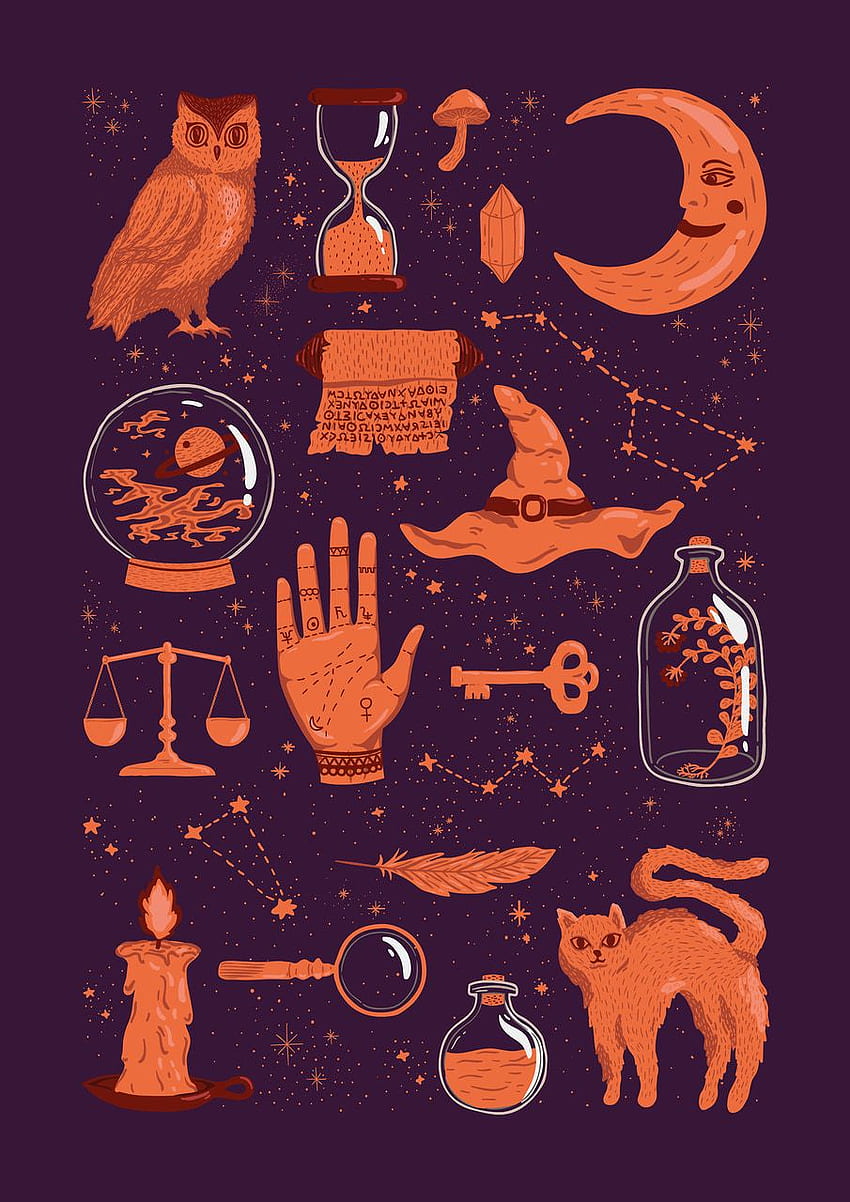 A print with an owl, a cat, a witch's hat, a crescent moon, a bottle, a key, a hand, a scale, a candle, a mushroom, and a hourglass. - Witch