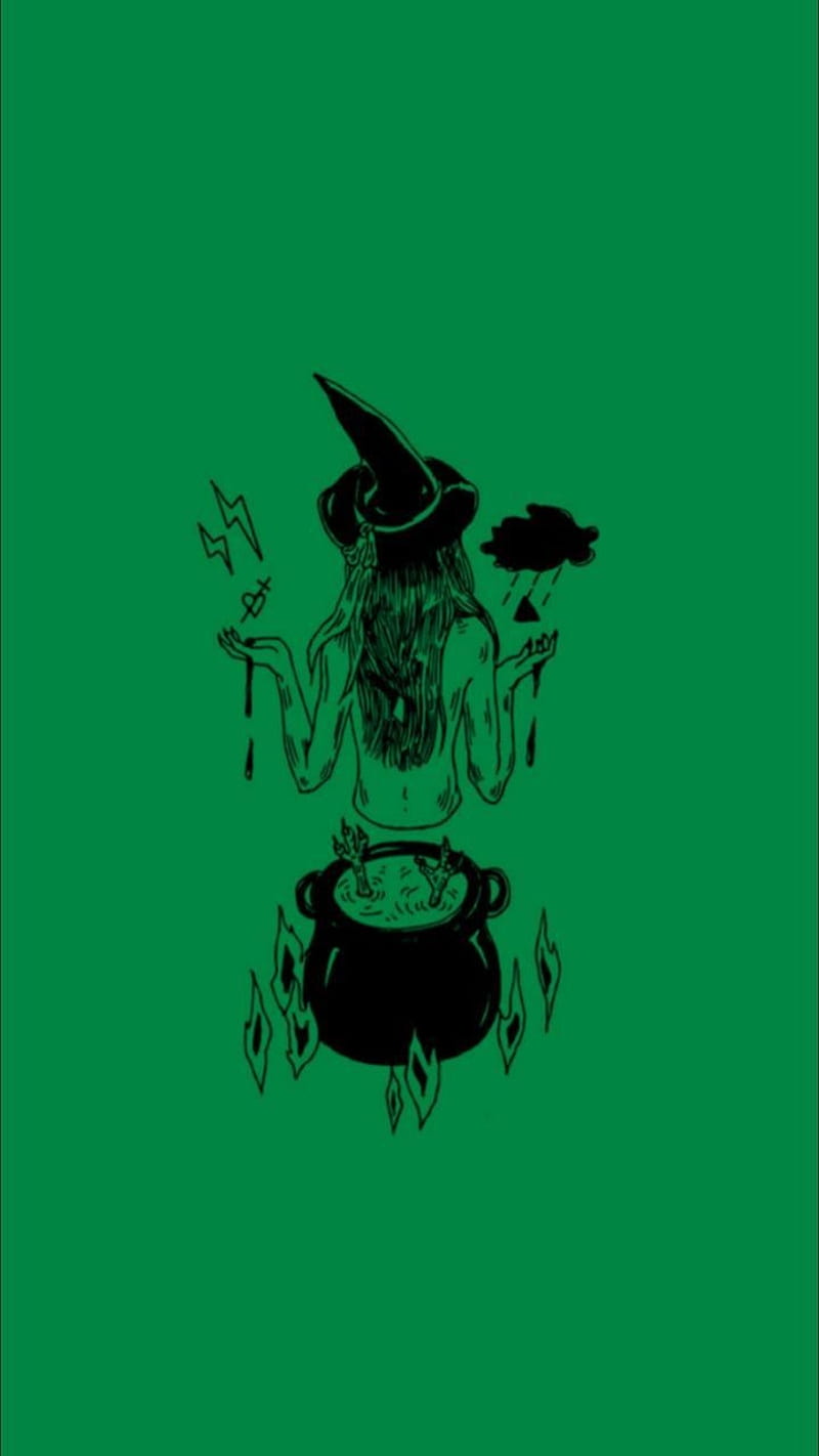 A green background with a black witch and cauldron - Witch