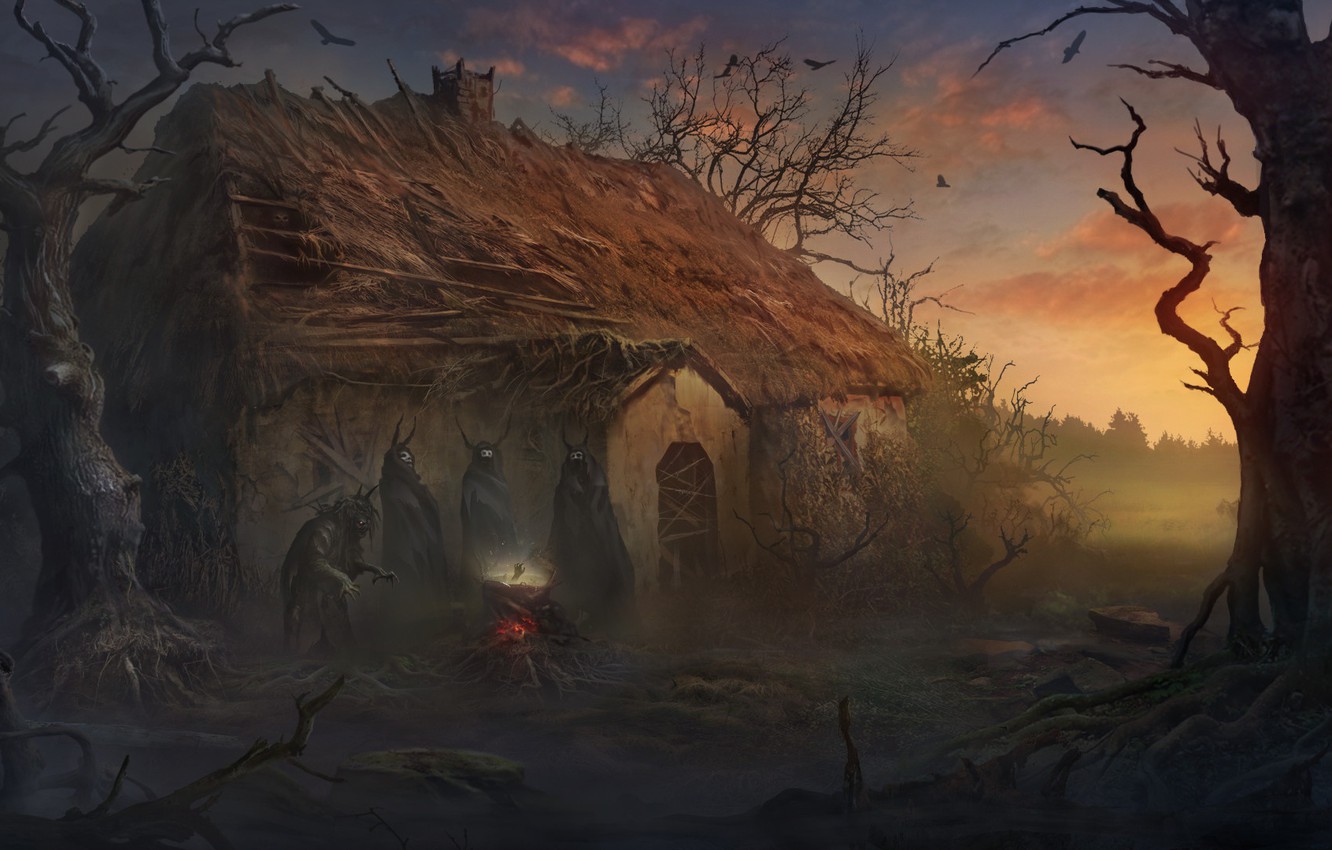 A group of witches are standing in front of a thatched cottage. - Witch