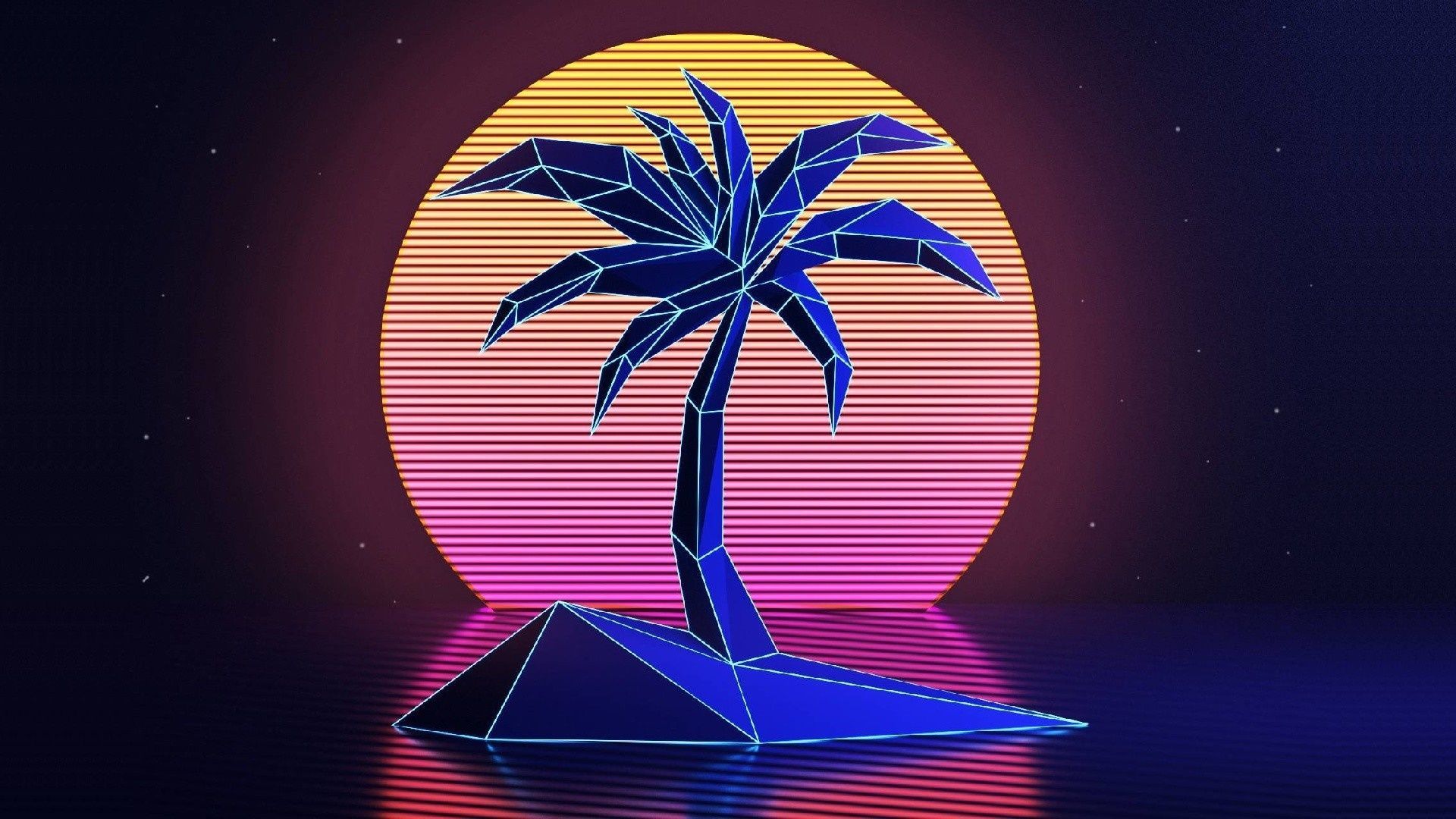 illustration, sunset, night, neon, blue, palm trees, Retro style, New Retro Wave, VHS, vintage, 1980s, vaporwave, color, shape, star, computer wallpaper, atmosphere of earth, astronomical object Gallery HD Wallpaper