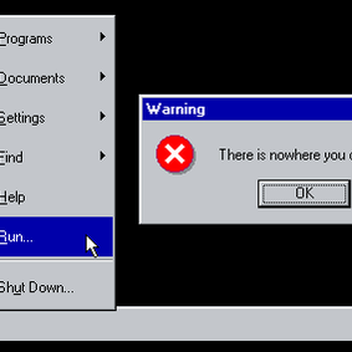A computer screen showing the warning message - Windows 95