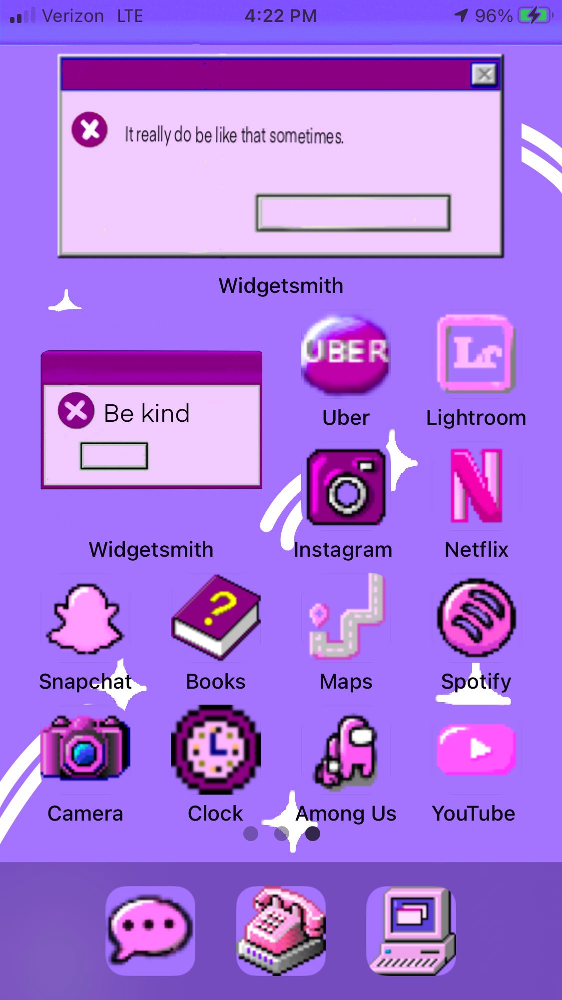 A purple phone screen with the text 