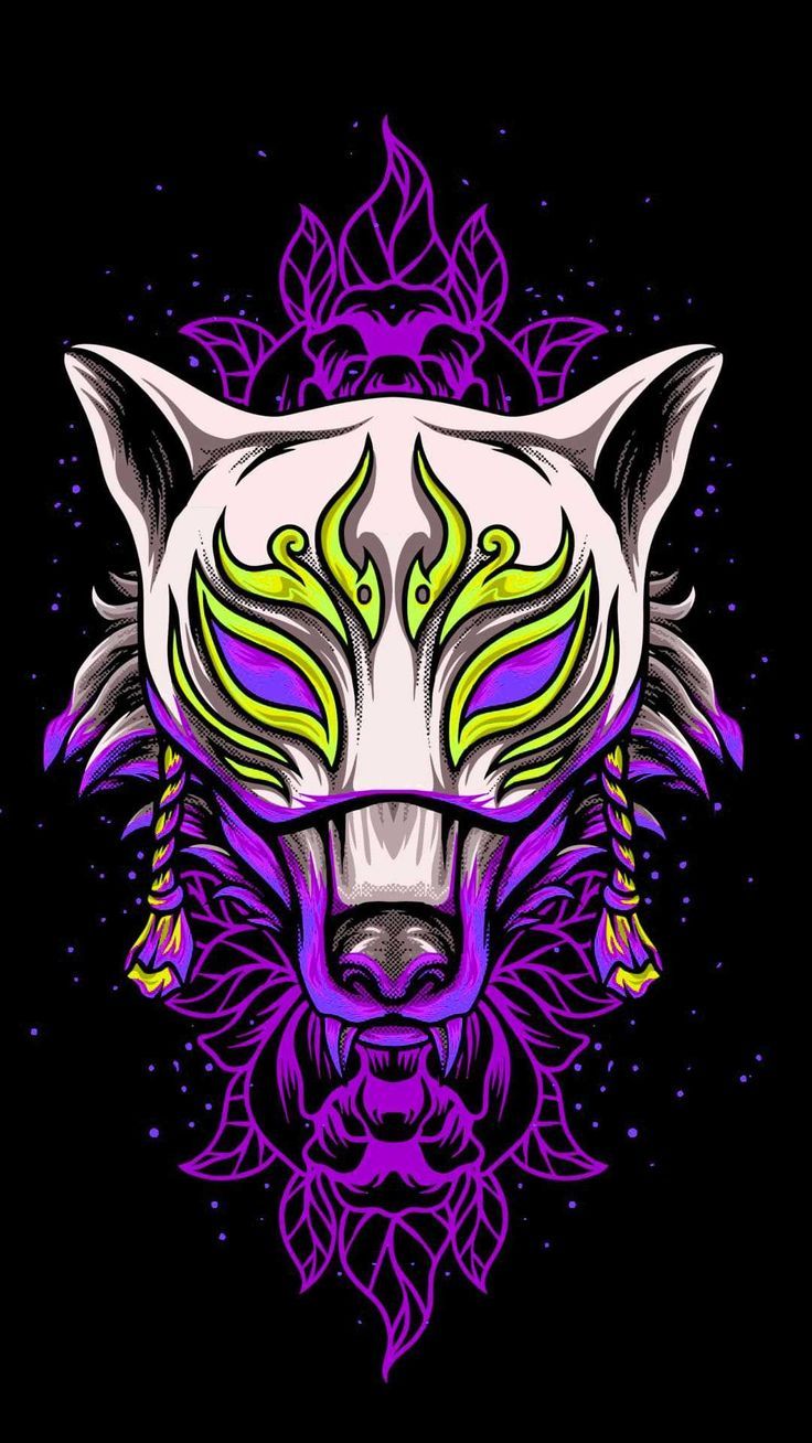 A wolf with purple and yellow eyes and purple flowers around it - Fox