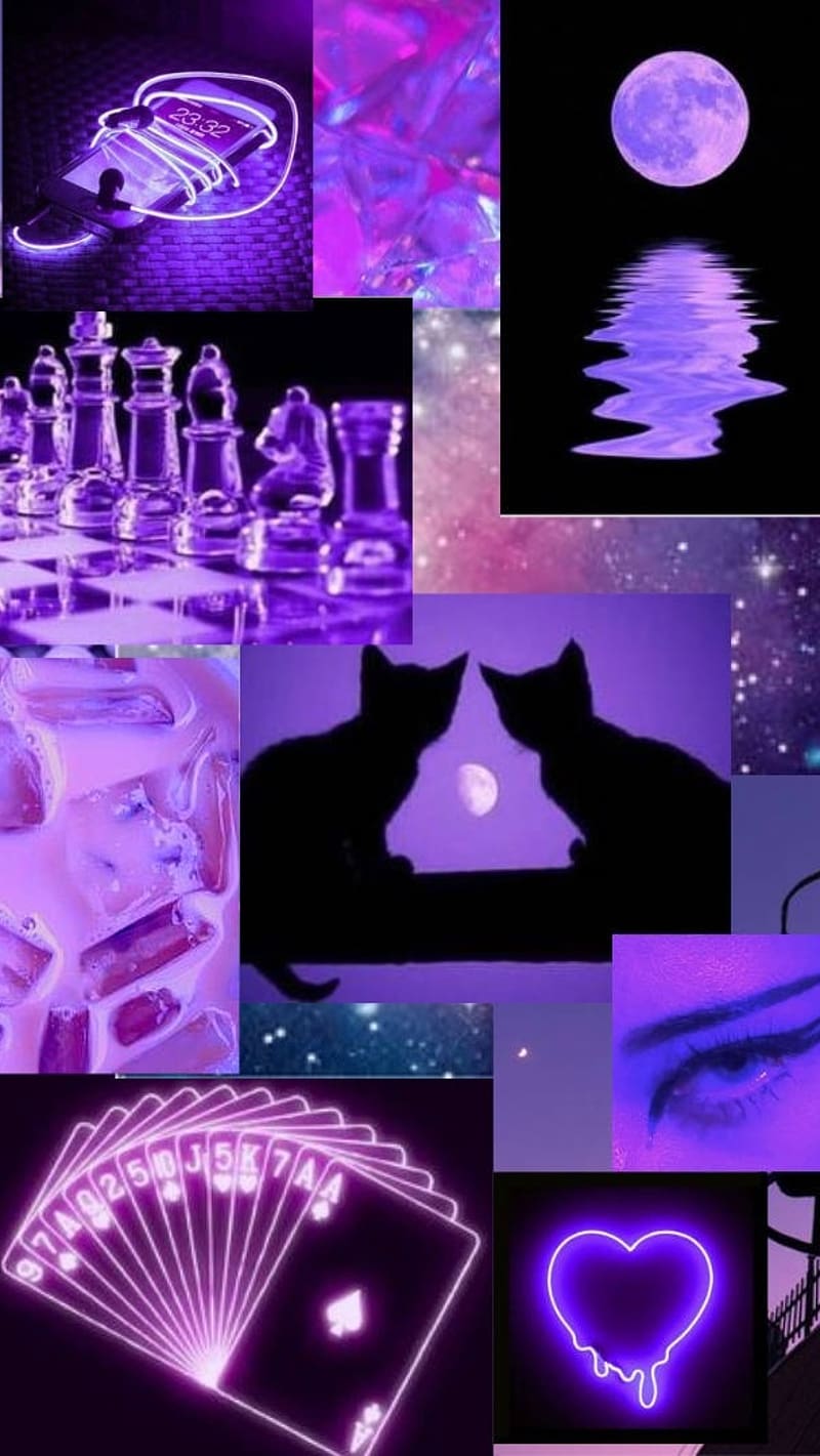 A collage of purple and pink pictures with some cards - Neon purple
