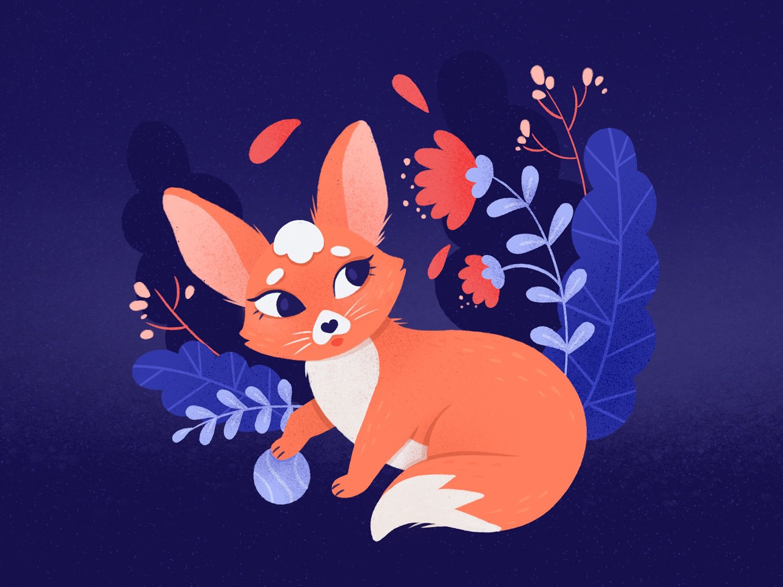 A cute fox with flowers and leaves in the background - Fox