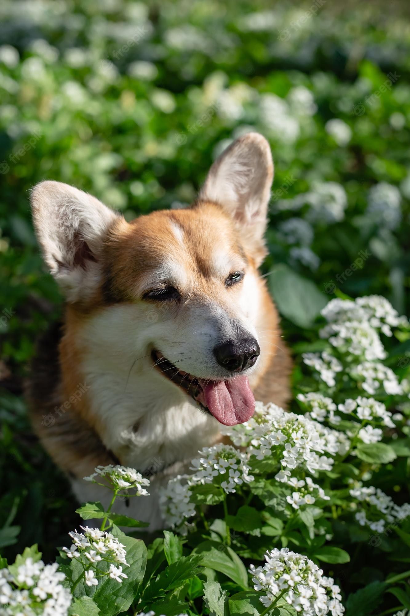 Premium Photo. Portrait of a whitebrown pembroke corgi dog in a spring forest among greenery and flowers