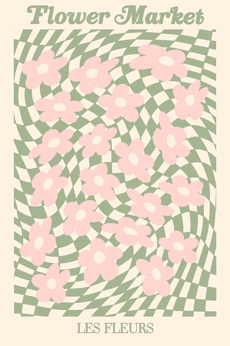 A poster for a flower market with pink flowers on a green and white checkered background - Pastel, Danish
