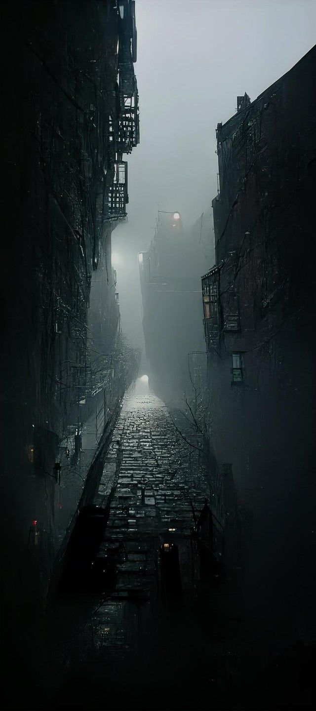 A dark alley with brick road and buildings on either side - Fog
