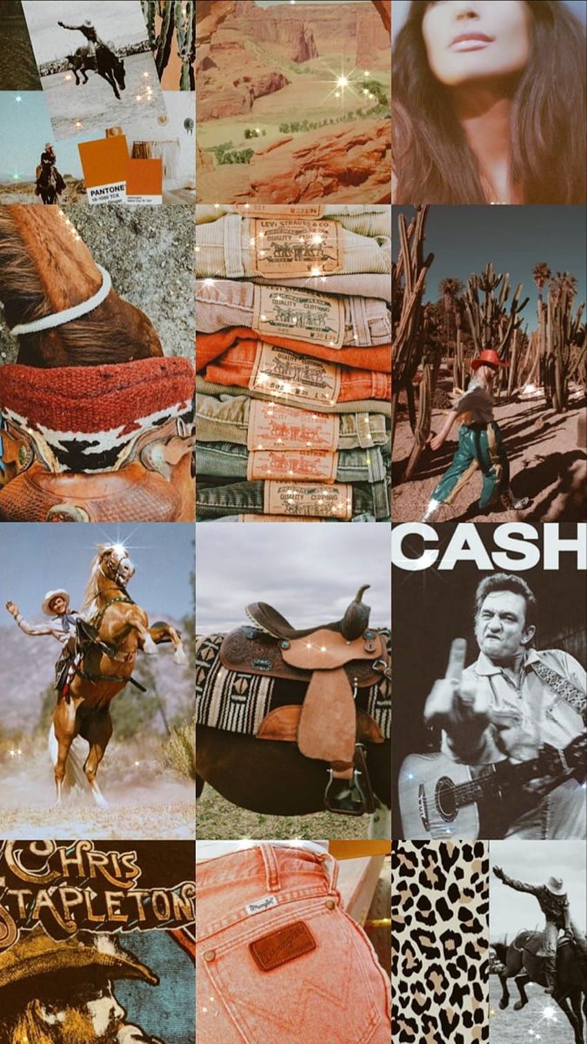 A collage of images including Chris Stapleton, cacti, money, and horses. - Cowgirl