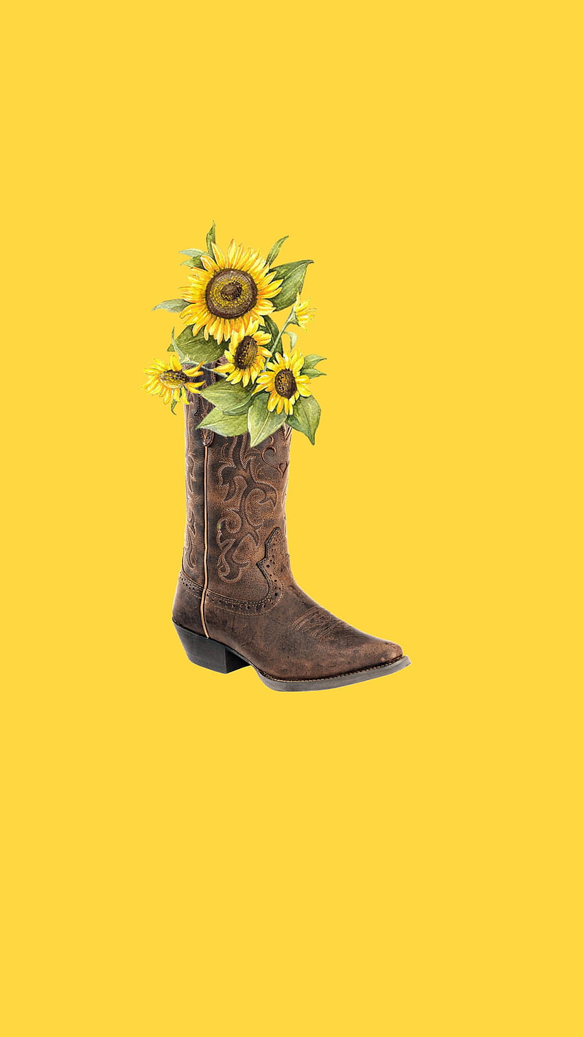 A yellow background with a brown cowboy boot with a yellow sunflower in it. - Cowgirl