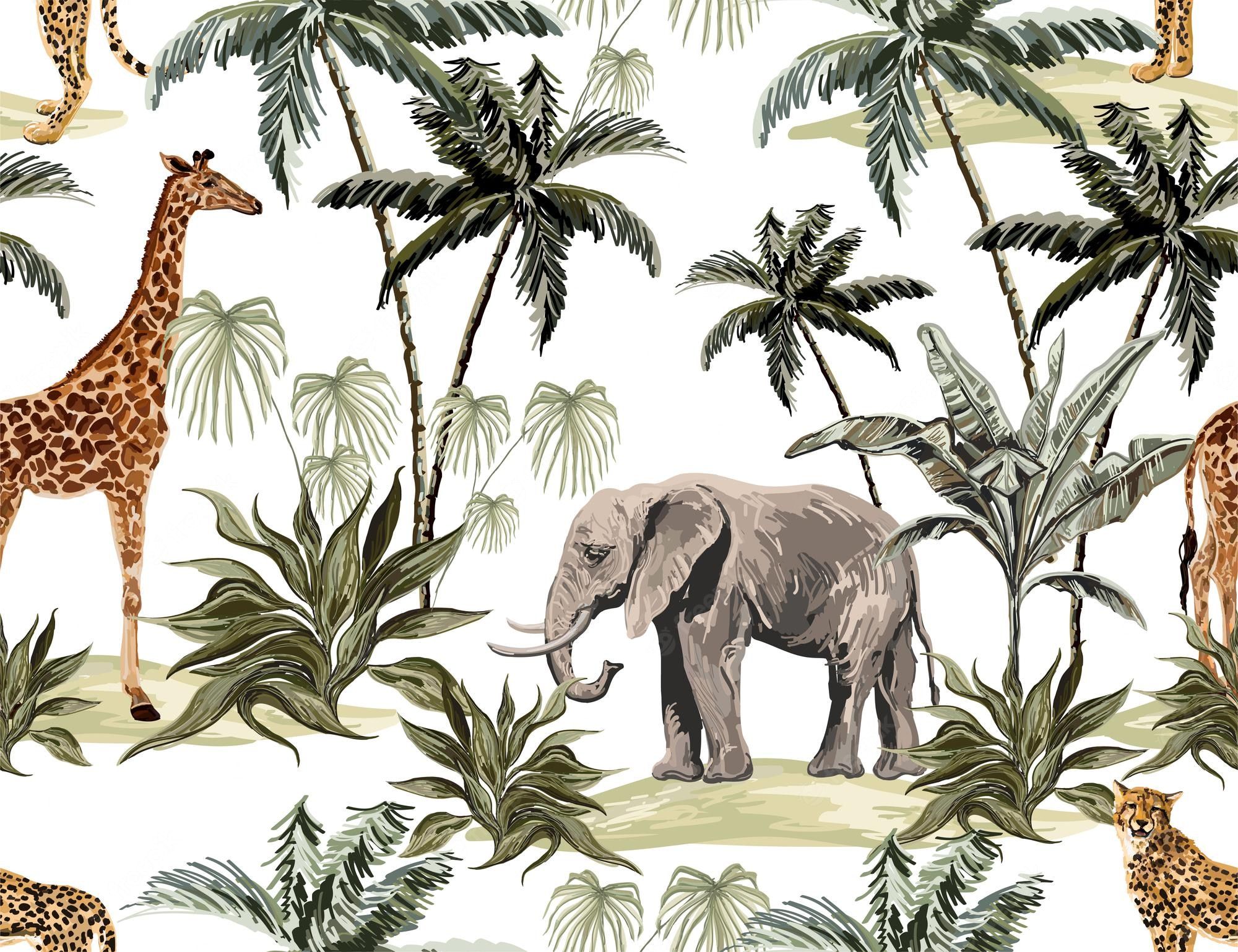 Premium Vector. Beautiful tropical vintage seamless pattern background with palm trees leopard elephant giraffe