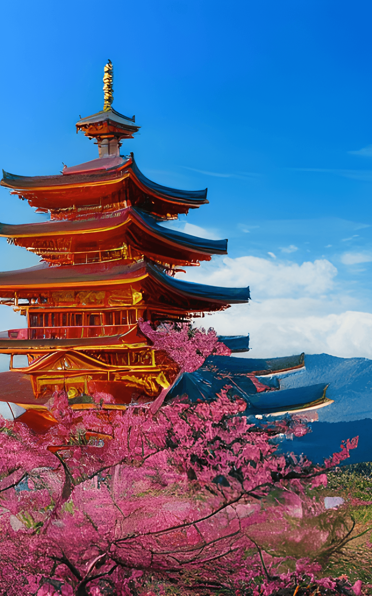 A five-story pagoda with pink flowers in the foreground - Japan