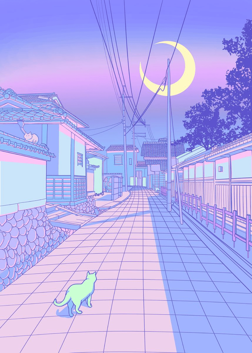 A digital illustration of a neon street at night with a cat walking in the middle of the road - Japan