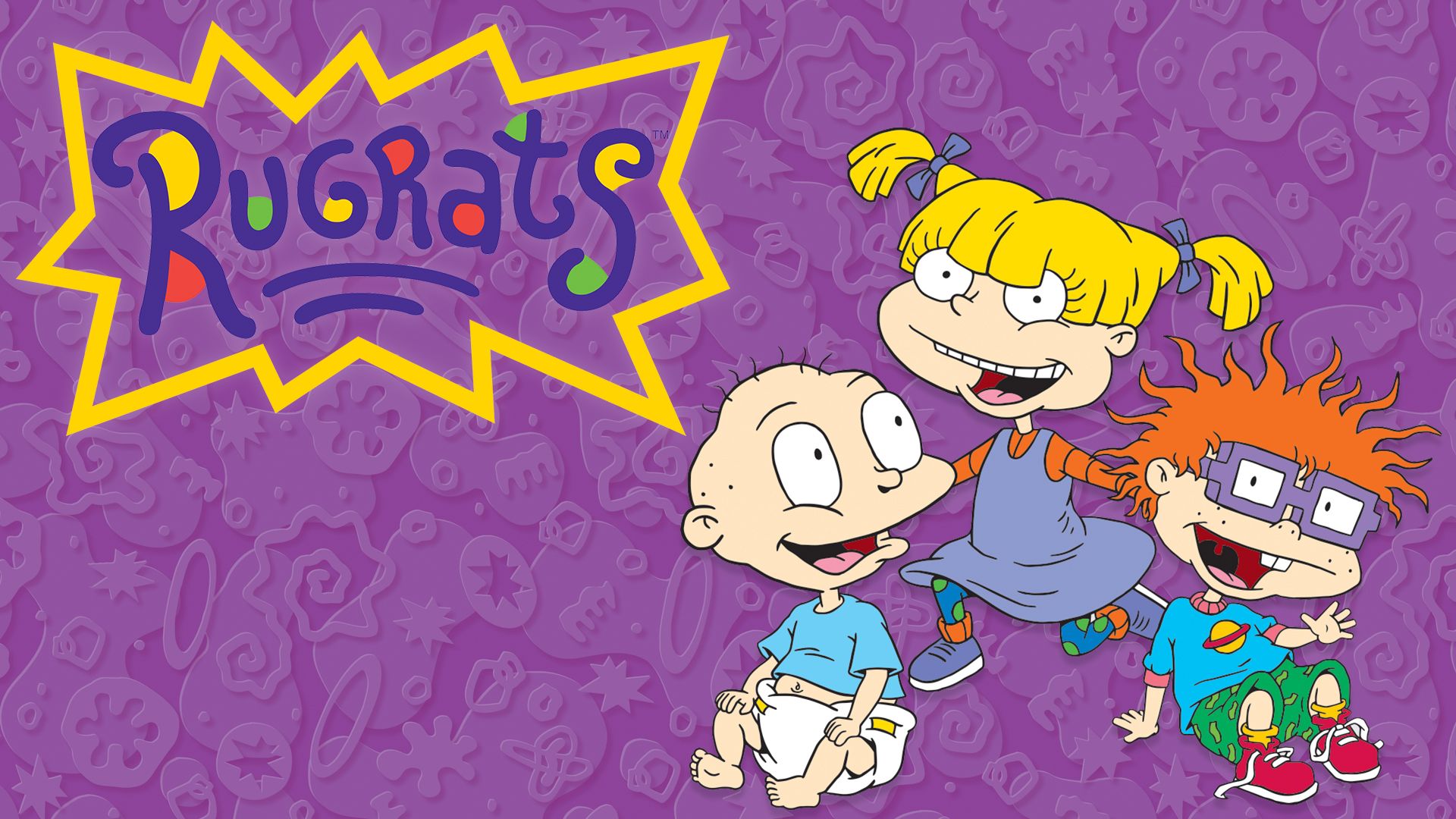 Ruggies cartoon characters on a purple background - Rugrats