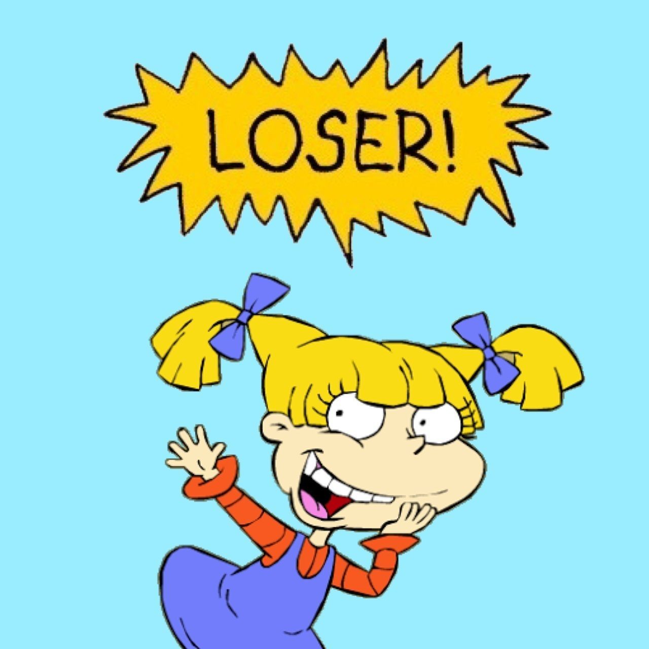 A cartoon character from the Rugrats series is shown, with the word 