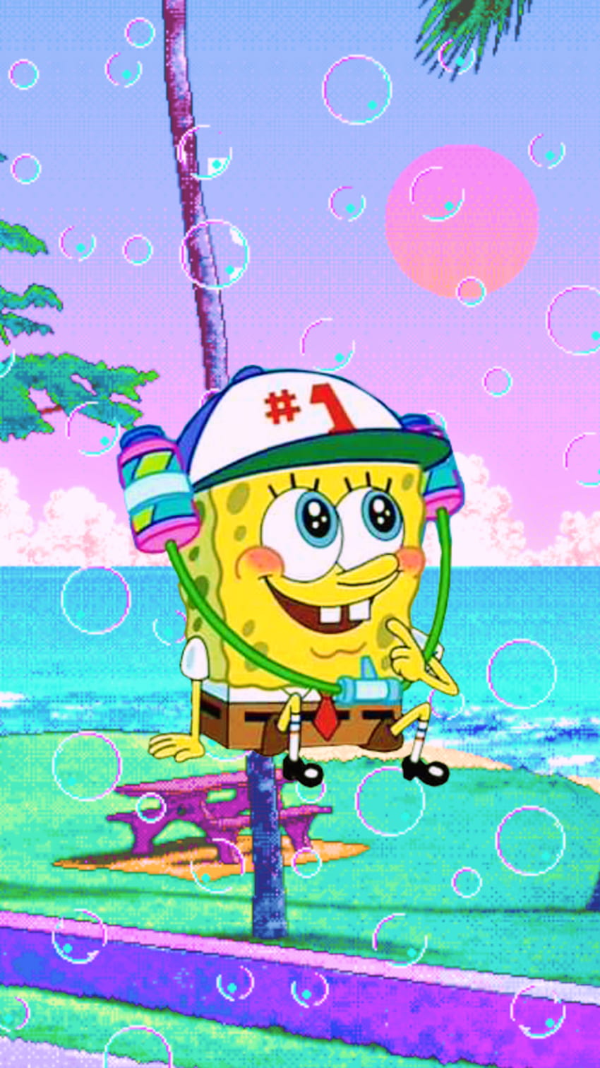 A cartoon sponge bob is sitting on top of palm tree - SpongeBob