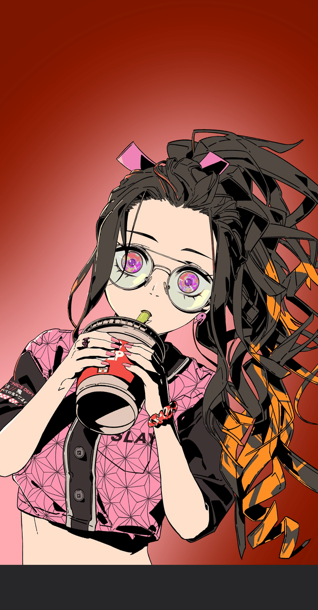 Anime girl with glasses and black hair holding a cup - Nezuko