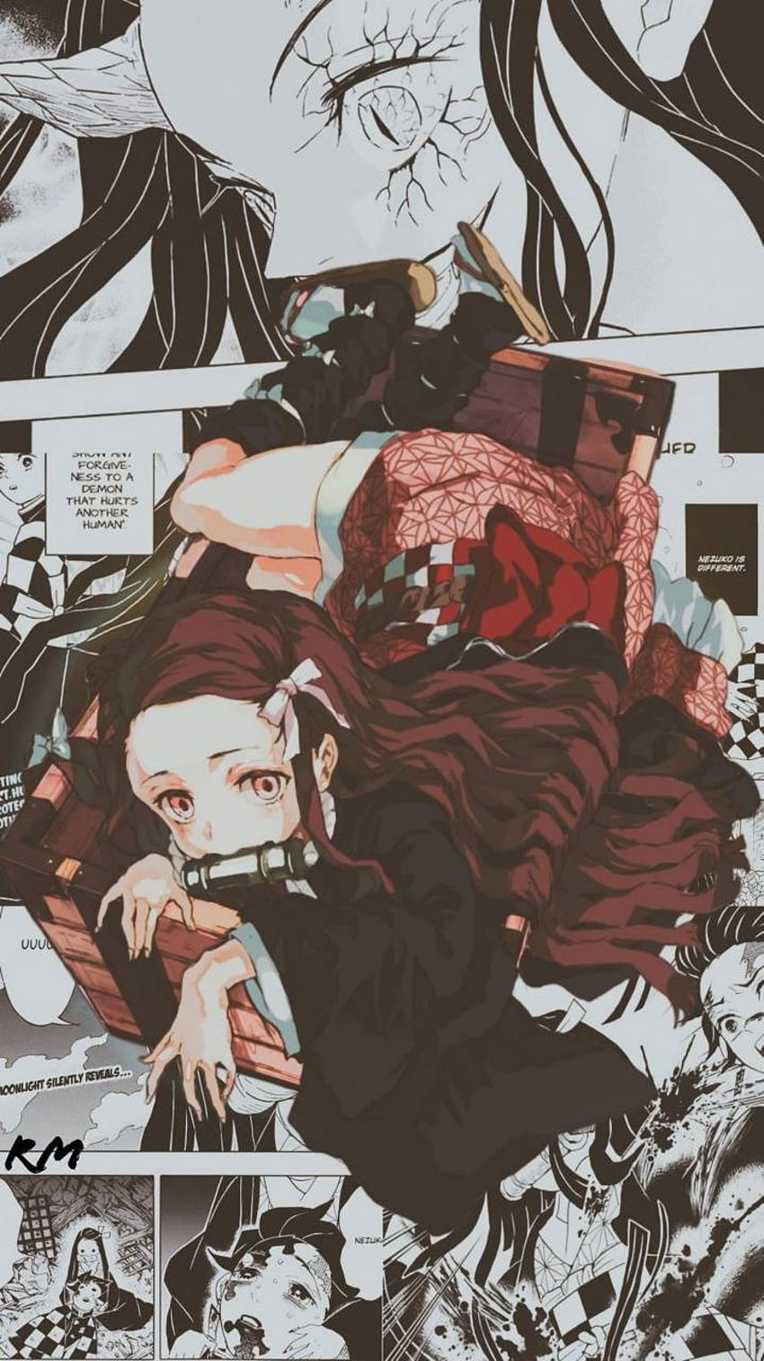 Anime girl with red eyes laying on her back in a black and white room - Nezuko