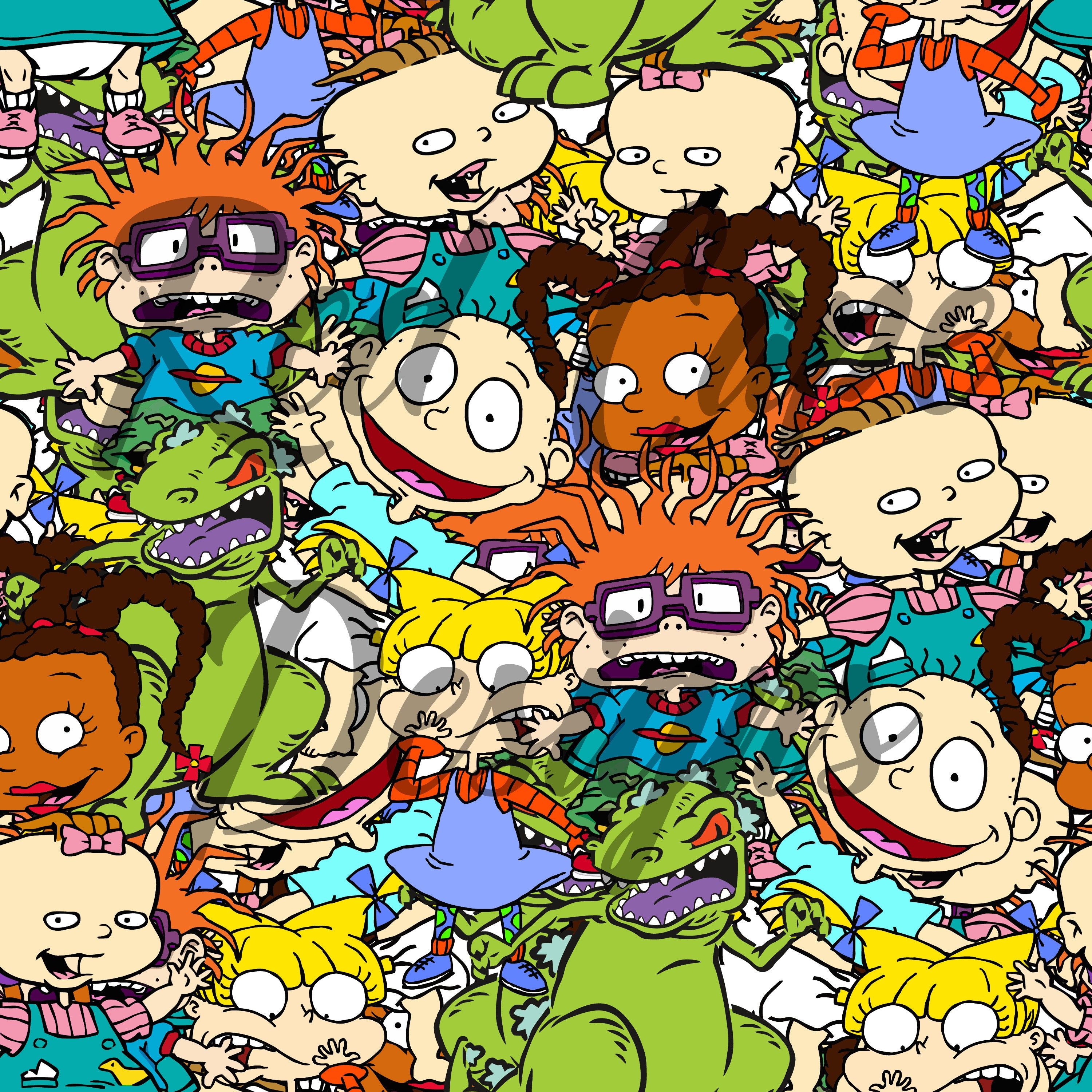 A cartoon character pattern with many different characters - Rugrats