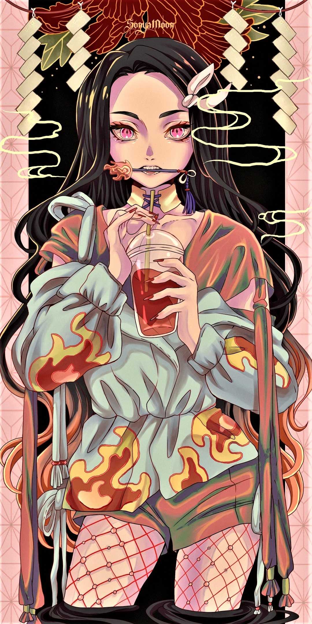 Anime girl with long hair holding a drink - Nezuko