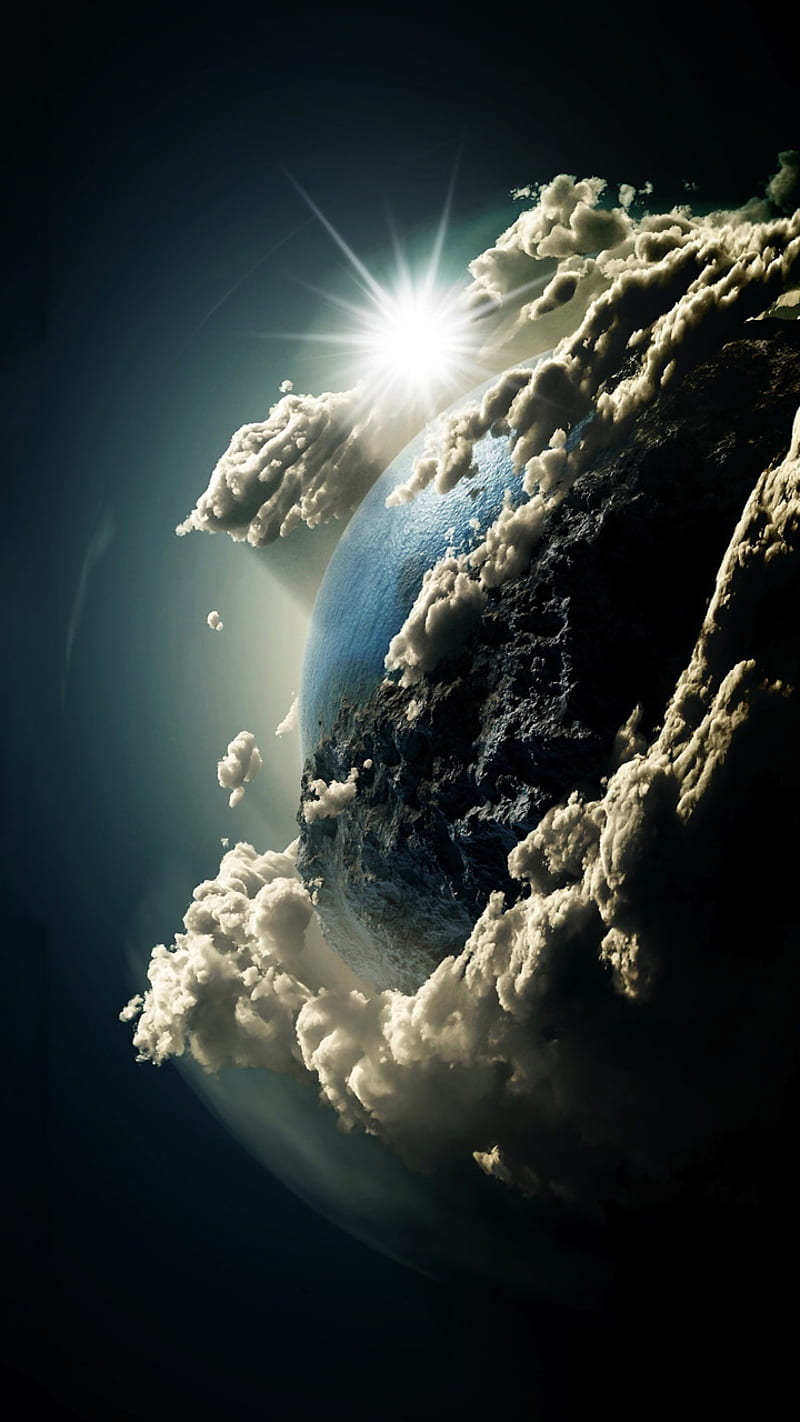 A planet is surrounded by clouds and the sun - Earth