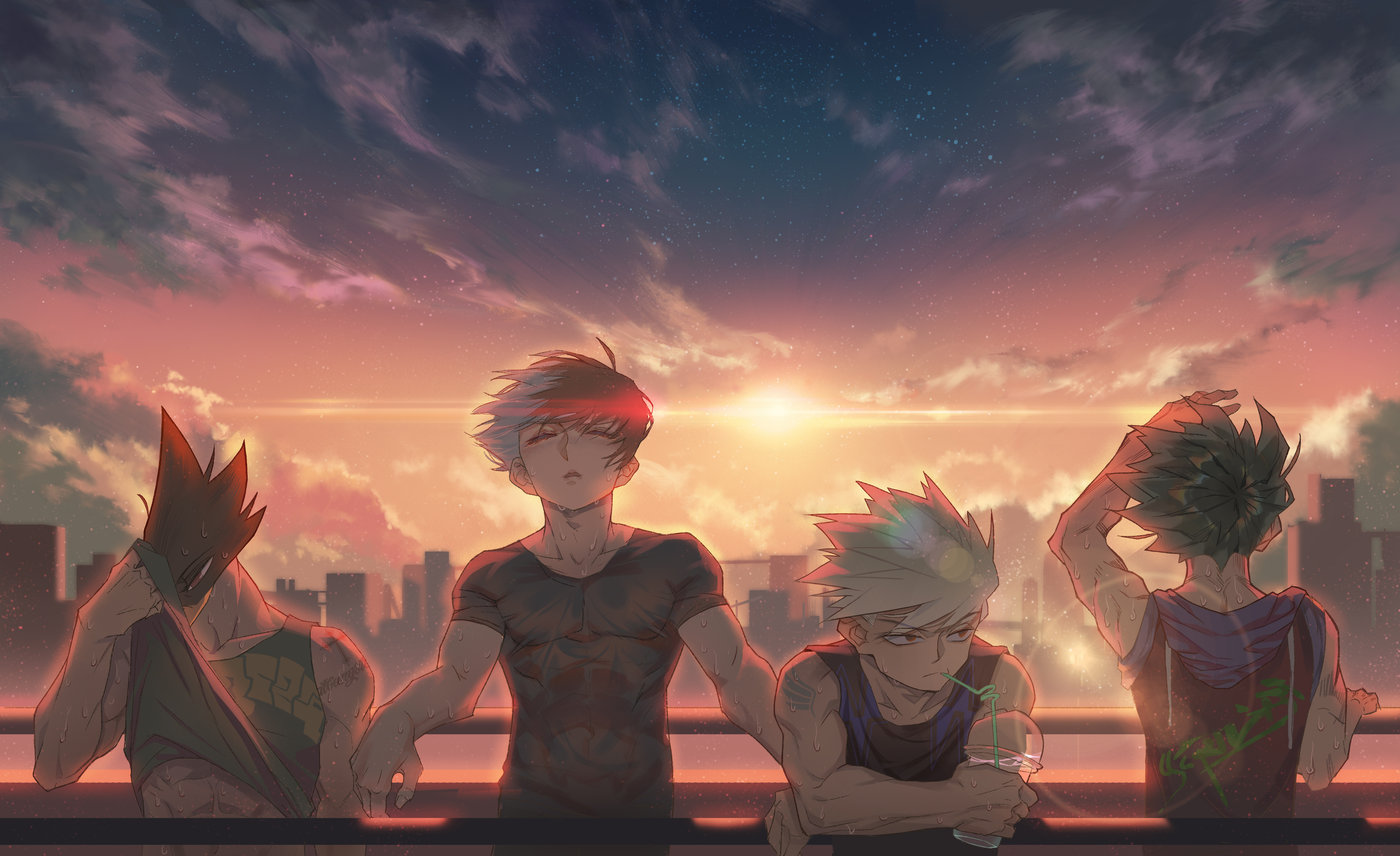 The characters from Jujutsu Kaisen are sitting on a rooftop at sunset. - My Hero Academia