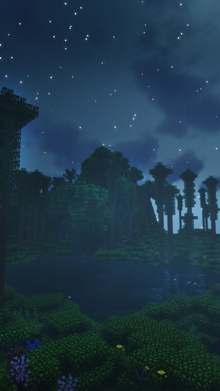 A night scene with trees and water - Minecraft