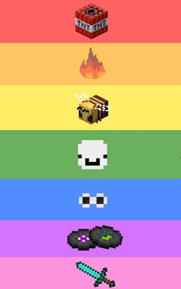 A rainbow colored background with various pixelated items - Minecraft