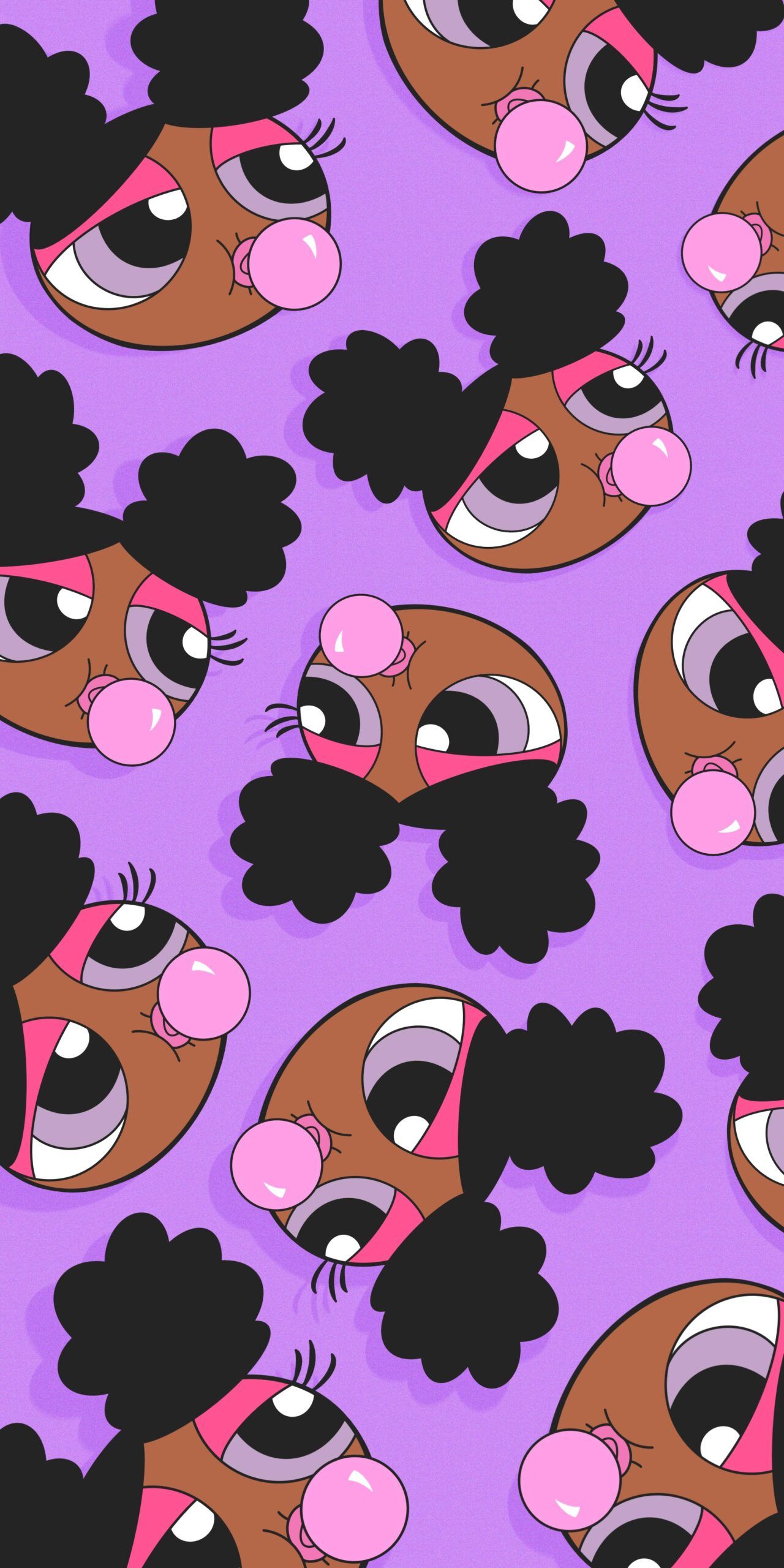 A pattern of black and brown faces on purple - The Powerpuff Girls