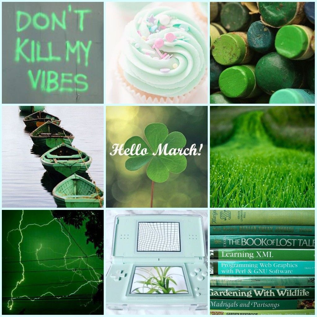 A collage of green images including books, plants, and a cake. - March