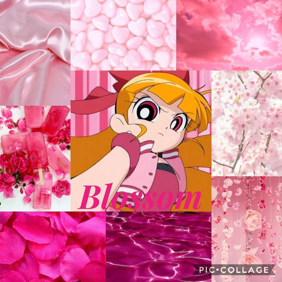 A collage of pictures with pink flowers and anime characters - The Powerpuff Girls