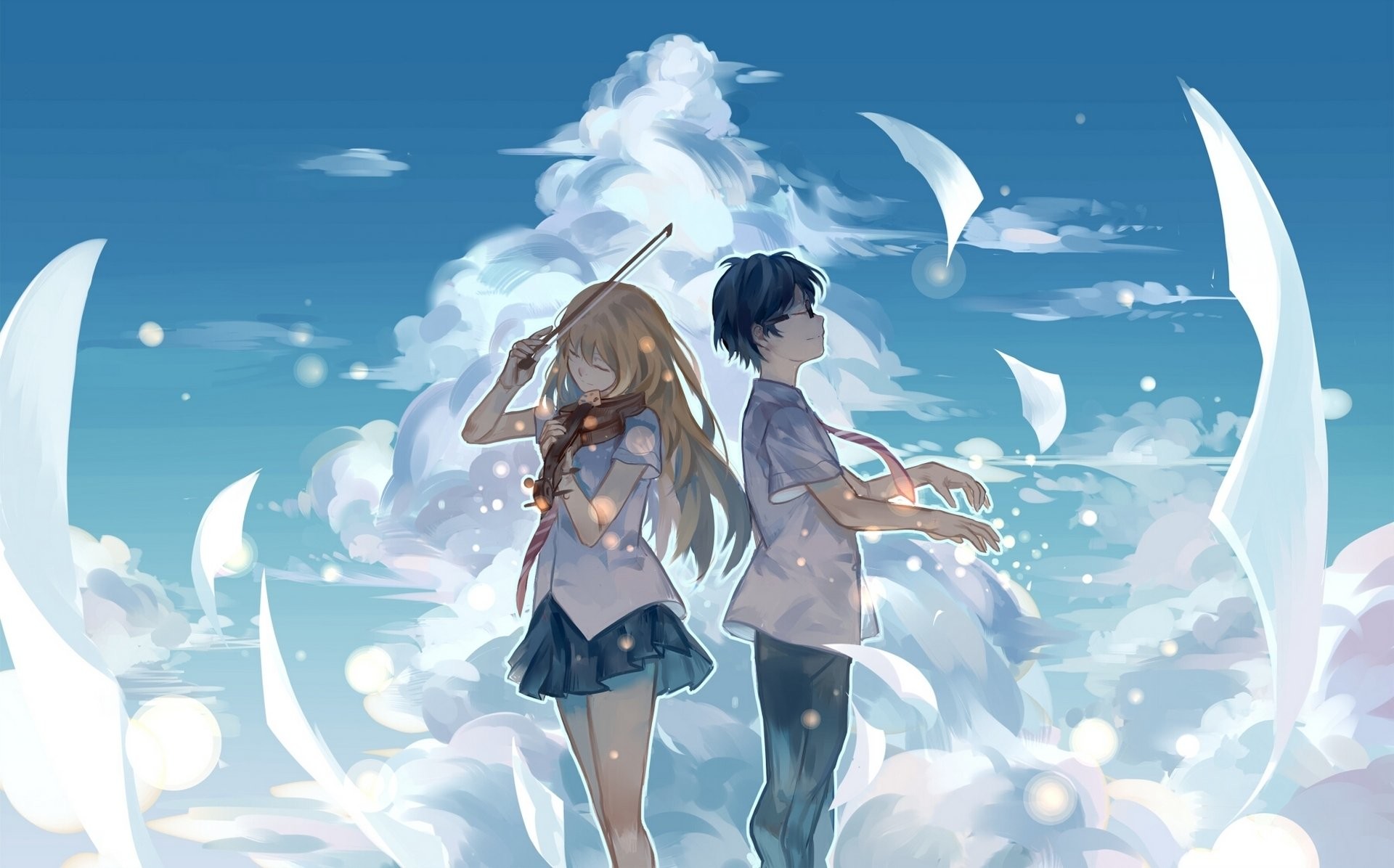 A couple standing on clouds playing the violin - April