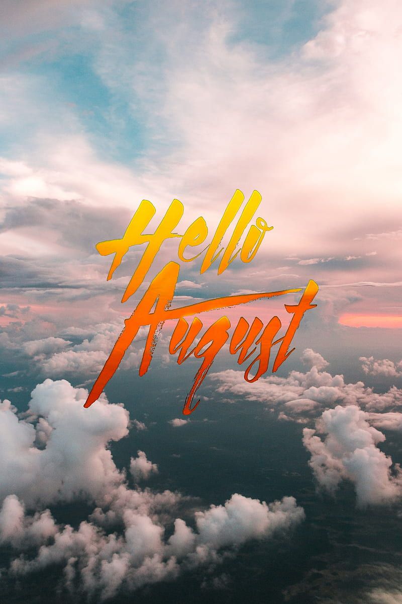 Hello August, aesthetic, blue, clouds, cute, hello august, love, orange, yellow, HD phone wallpaper