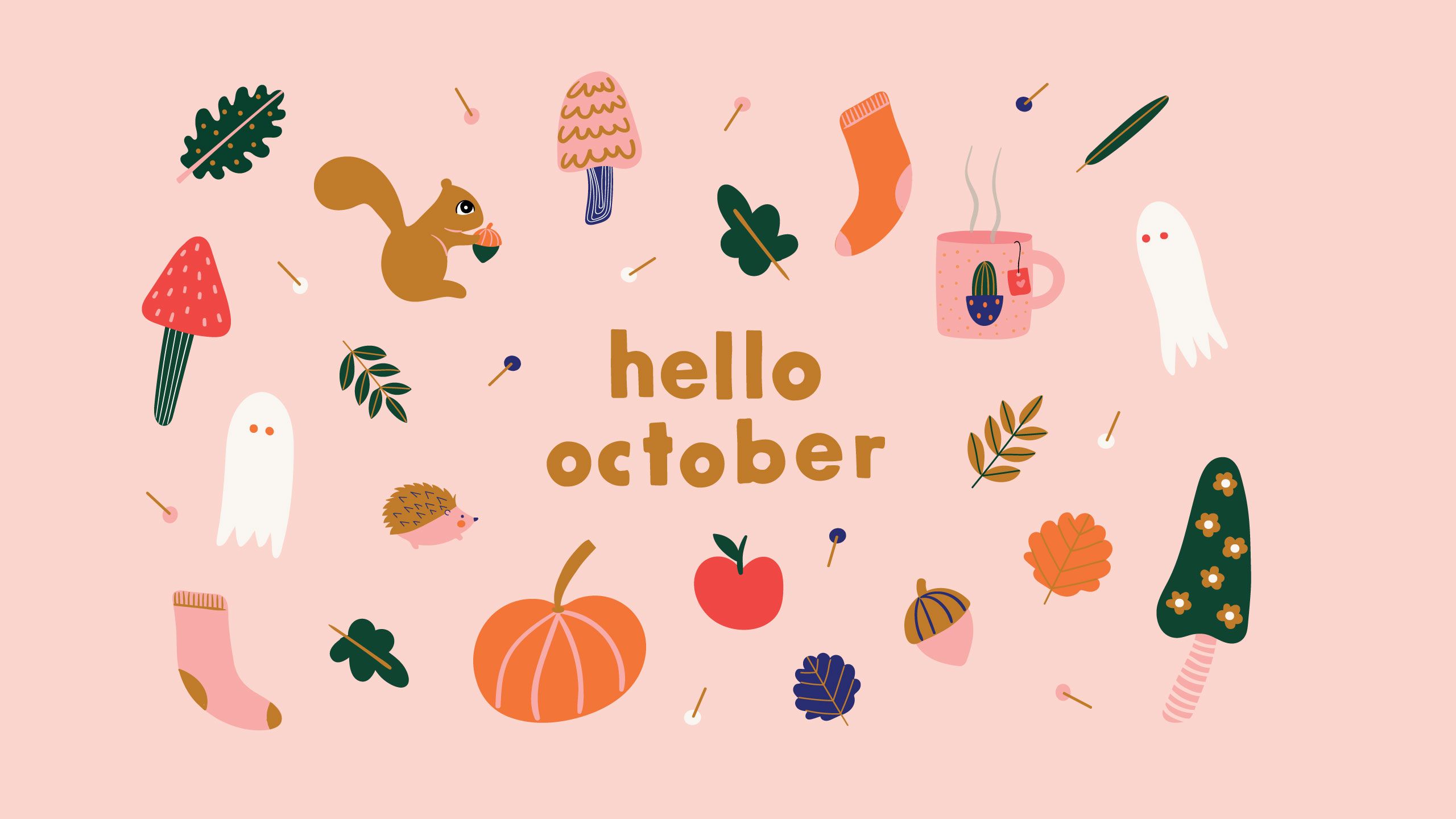 Hello october illustration with autumn leaves, pumpkins and other symbols - October