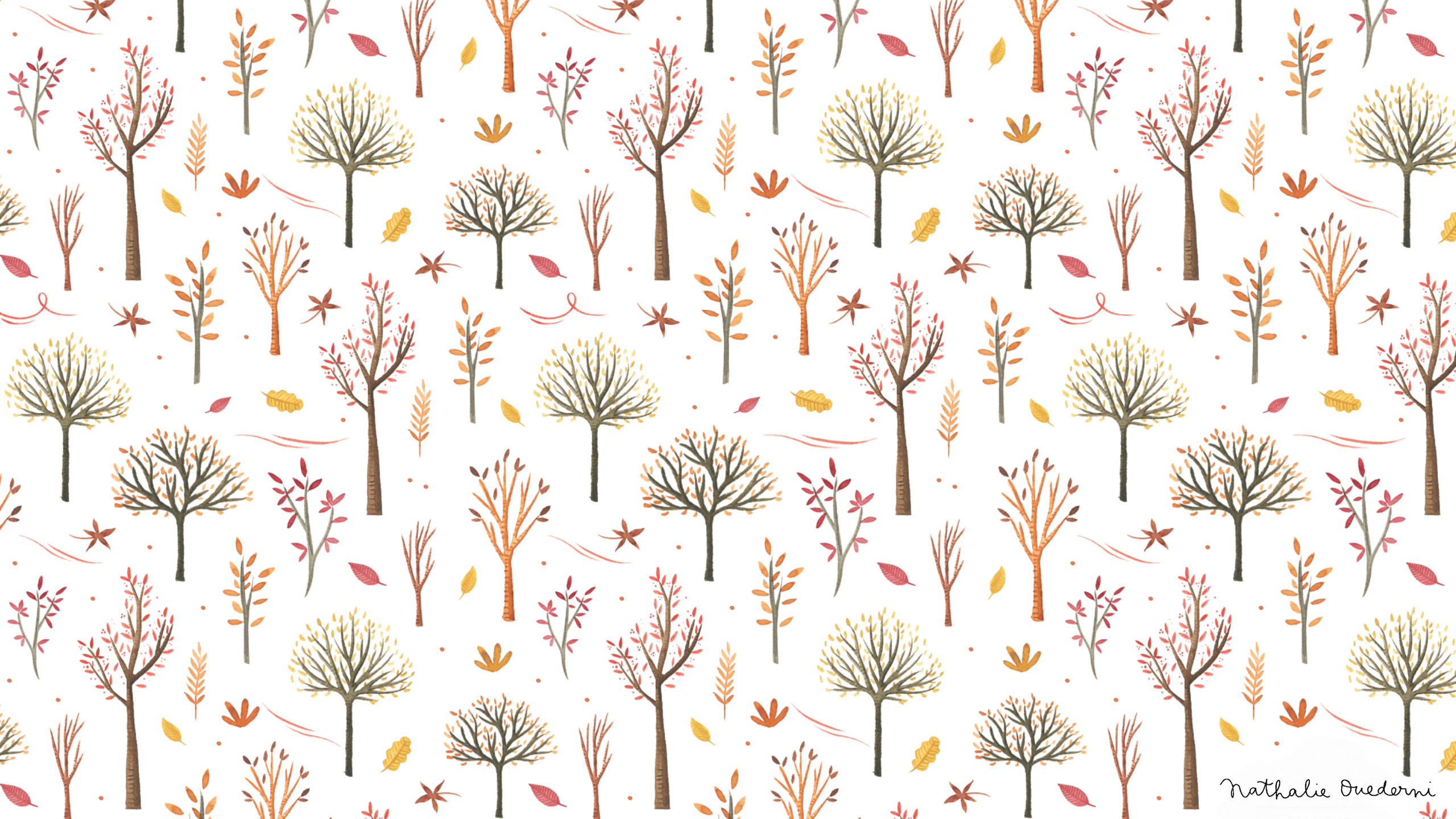 A pattern of trees and leaves on white - October