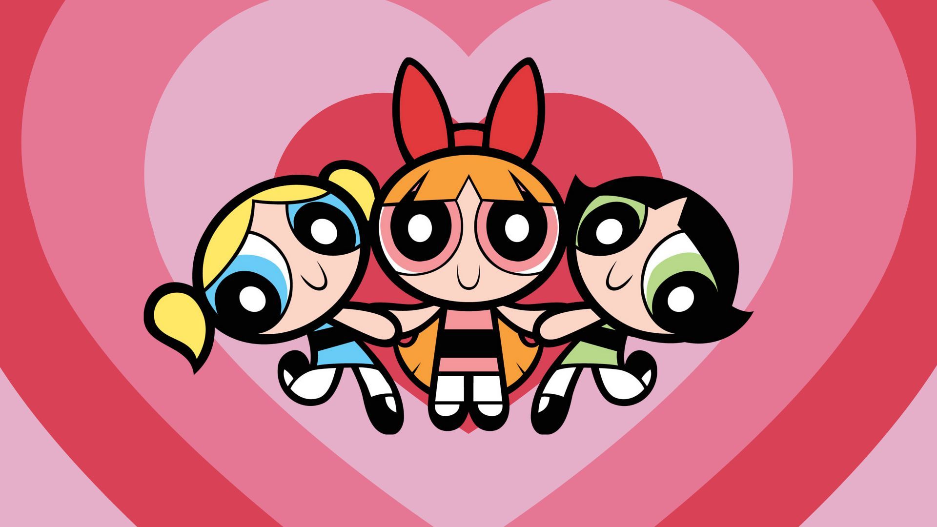 The Powerpuff Girls, a group of three girls, stand holding hands in front of a pink heart. - The Powerpuff Girls