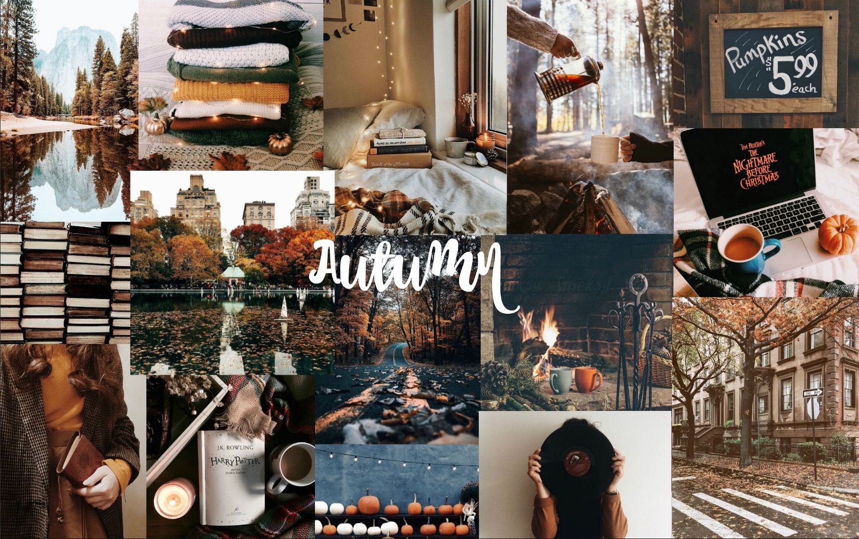 A collage of autumn themed pictures such as leaves, pumpkins, and cozy sweaters. - November