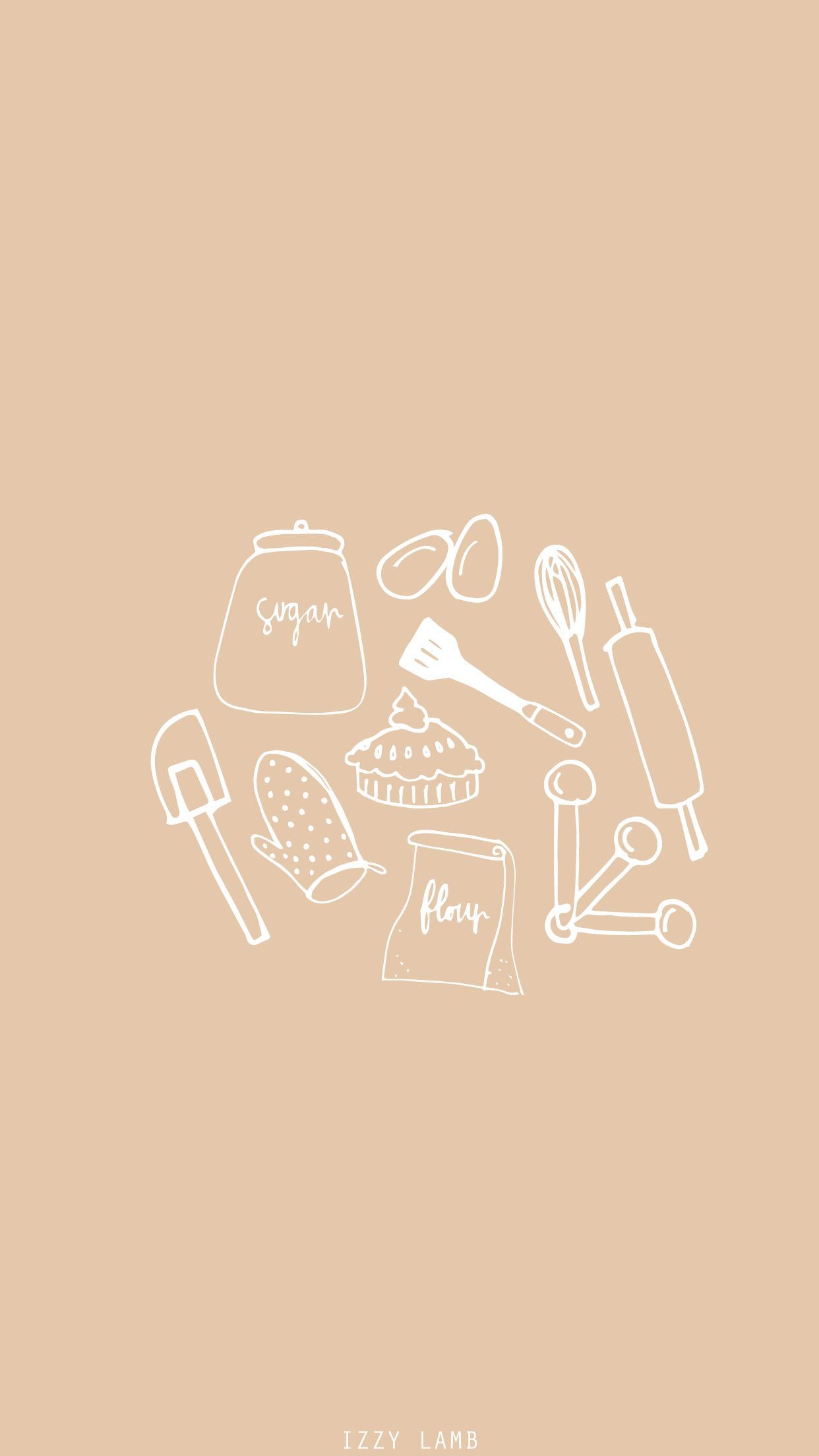 A phone wallpaper illustration of baking equipment and ingredients, including a rolling pin, whisk, pie, sugar bowl, flour bag, and oven mitts. - Bakery
