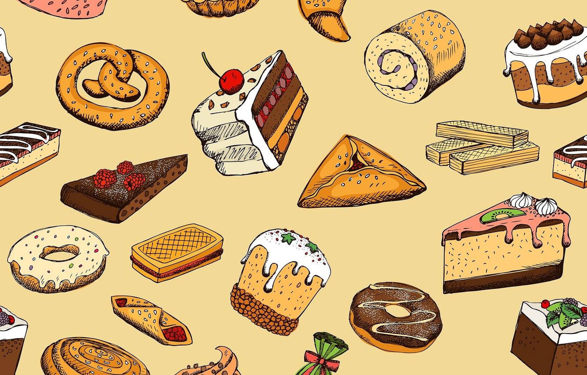 A pattern of various desserts including cakes, donuts, and pies. - Bakery