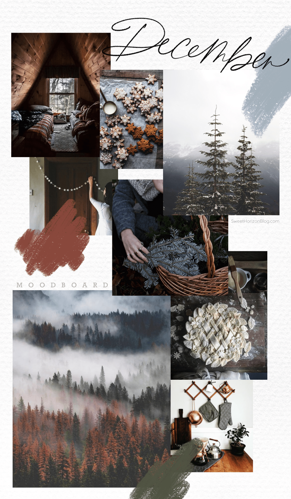 A mood board for December, featuring a forest, a cabin, and a winter scene. - December
